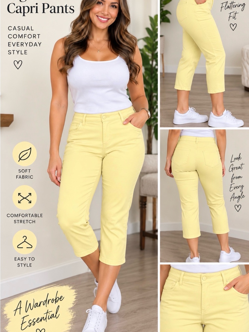 Faded Glory Pale Yellow Capri Pants